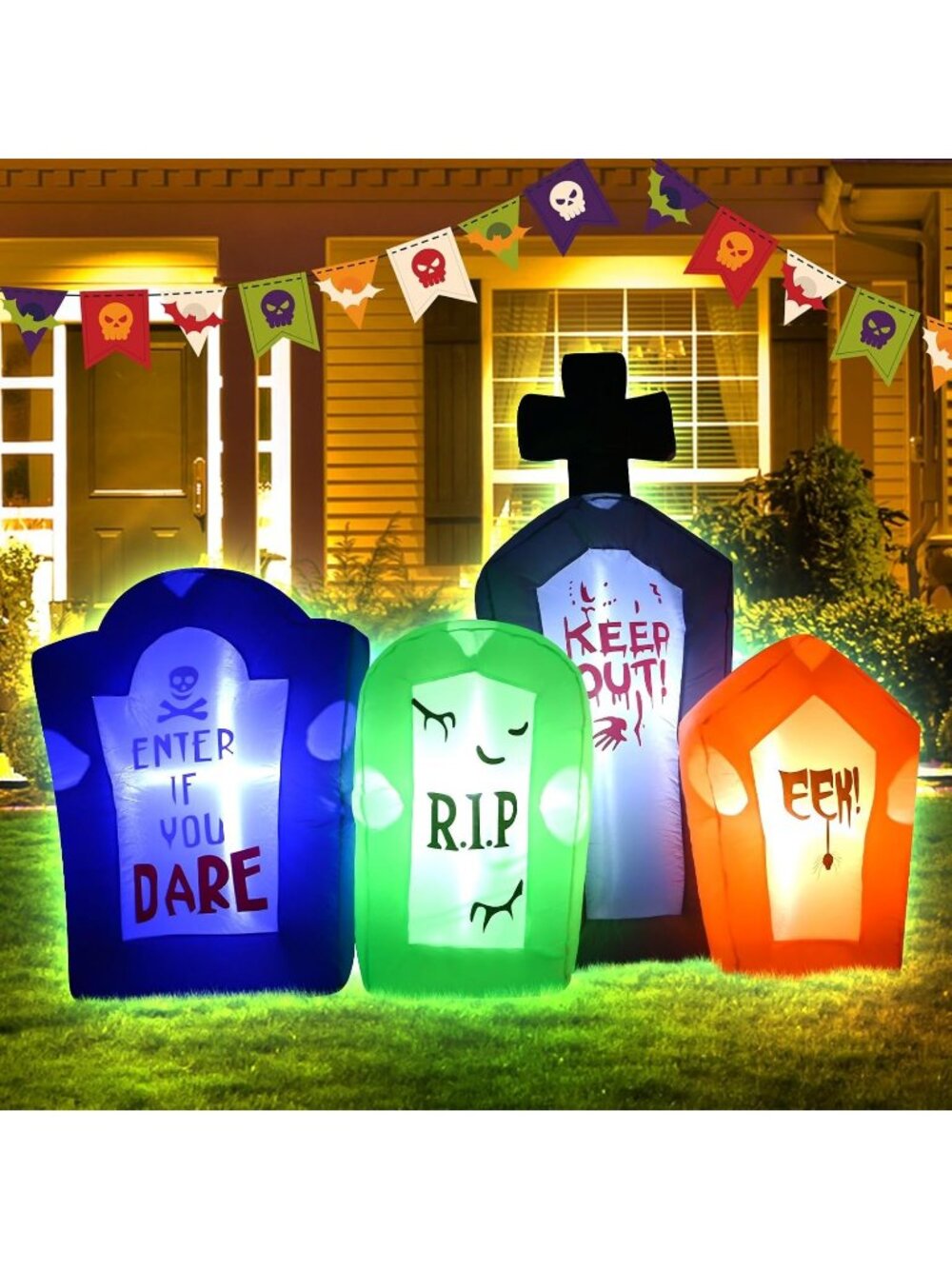 🎃6FT Halloween Inflatable Tombstones Set with LED Lights Outdoor Yard Decora